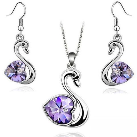 2PC Heart Crystal Swan Stainless Jewelry Gift Set