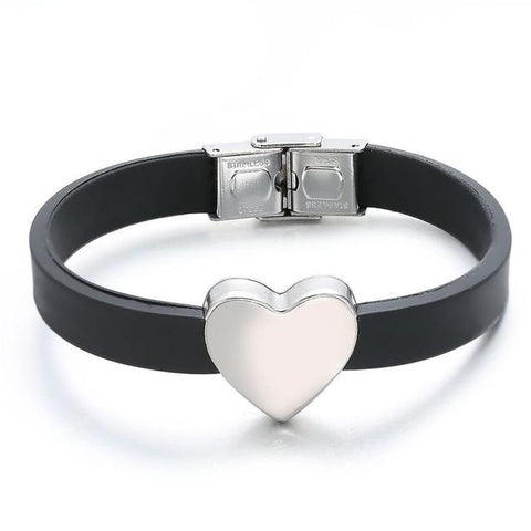 Stainless Steel Heart Black Silicone Bracelet