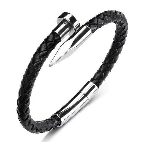 Open End Nail Stainless Steel Leather Bracelet