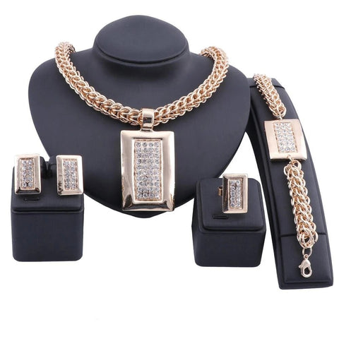 4PC Crystal Pave Rectangular Plate Steel Statement Jewelry Collection