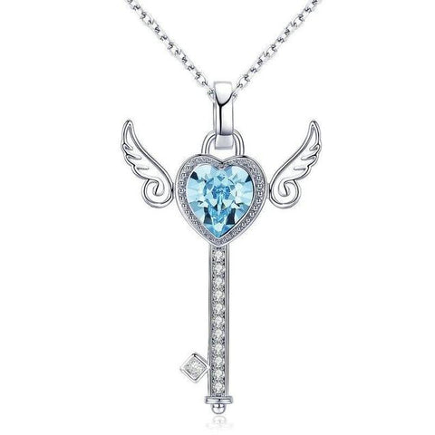 Winged Blue Heart Lock & Key Crystal Pave Silver-Tone Necklace