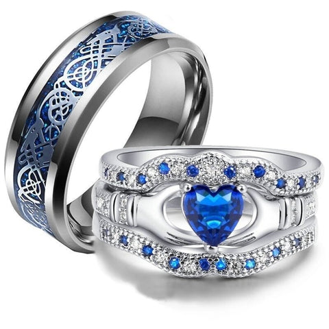 Silver Dragon Blue Heart Claddagh Stainless Ring Set