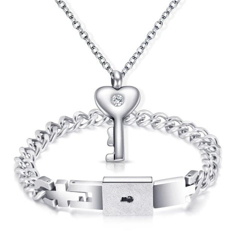 Lock & Key Stainless Steel Necklace & Bracelet Set