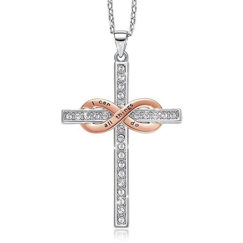Two-Tone Infinity Cross Crystal Pave 316L Stainless Steel Necklace