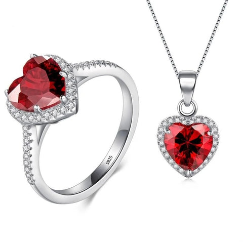 2PC Simulated Red Sapphire Halo Jewelry Set