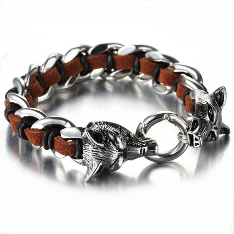 Interlaced Leather Stainless Steel Wolf Bite Bracelet 