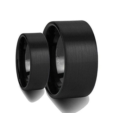 His & Her Pipe Cut Black Tungsten Carbide Ring Set 