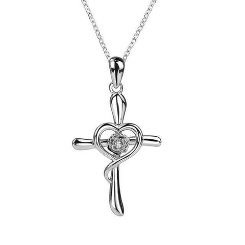 Floral Heart Cross Sterling Silver Pendant Necklace