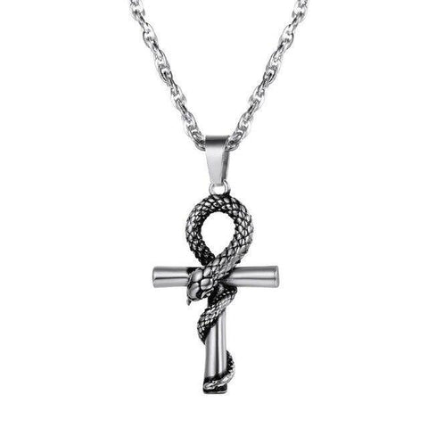 Coiled Serpent Ankh Stainless Steel Necklace