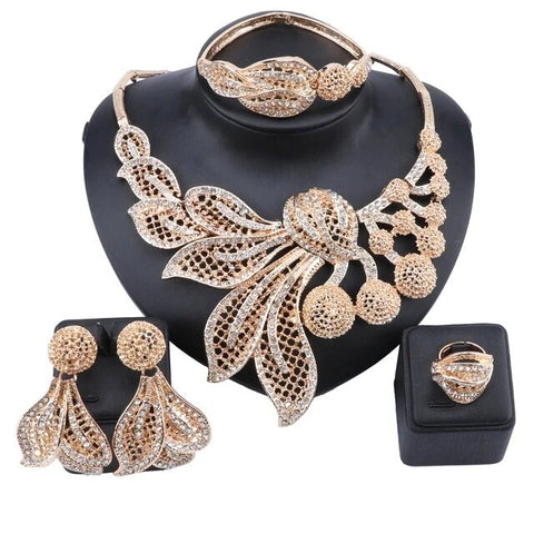 4PC Crystal Pave Floral Bud Steel Mesh Jewelry Collection