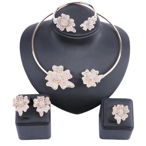 4PC Open End Crystal Pave Floral Accent Statement Jewelry Set (