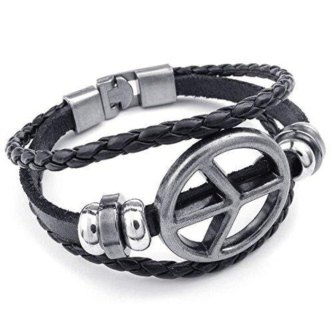 Triple Leather Band Peace Charm Bracelet