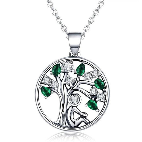 Tree of Life Green And White Crystal Sterling Silver Necklace