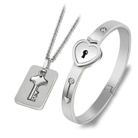 Lock & Key Couple Stainless Bangle Necklace Set 