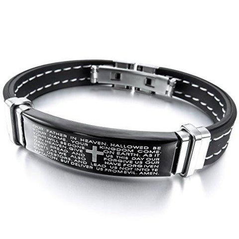 White Stitched Black Plated Steel Lord's Prayer Bracelet