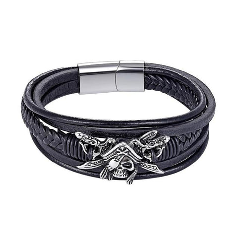 Black Leather Wrap Steel Pirate Skull Bracelet 