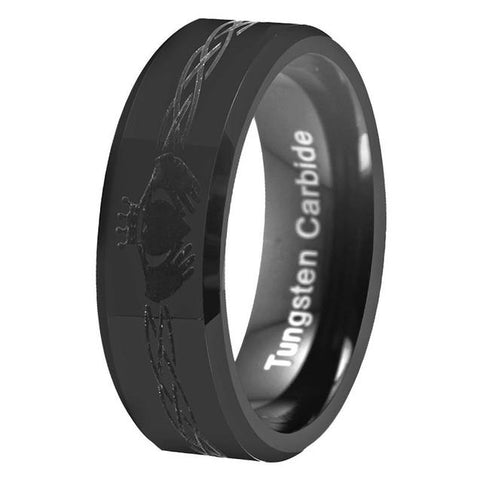Claddagh Engraved Sleek Black Tungsten Carbide Wedding Band