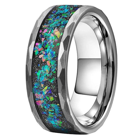 Simulated Black Opal Silver-tone Tungsten Carbide Ring 