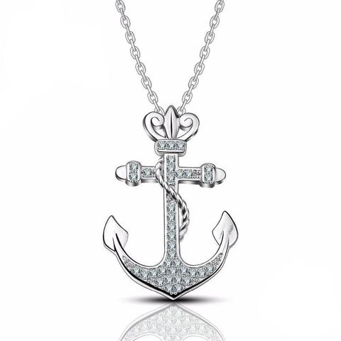 Crystal Pave Crowned Anchor Sterling Silver Necklace