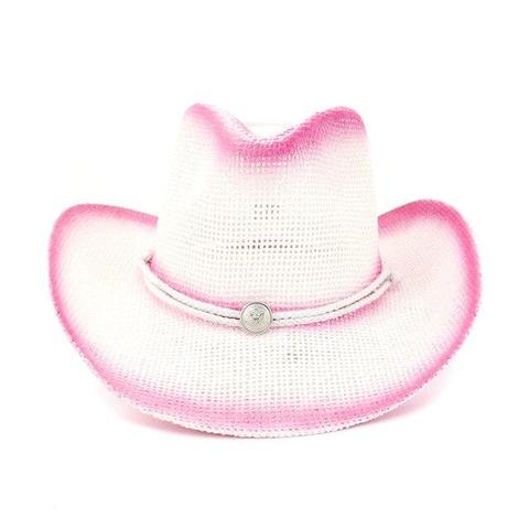 White & Pink Straw Brimmed Floppy Cowgirl Hat