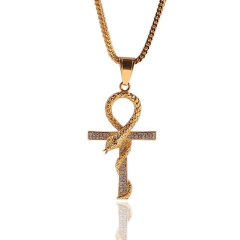 3D Crystal Pave Nehushtan Egyptian Ankh Stainless Steel Necklace