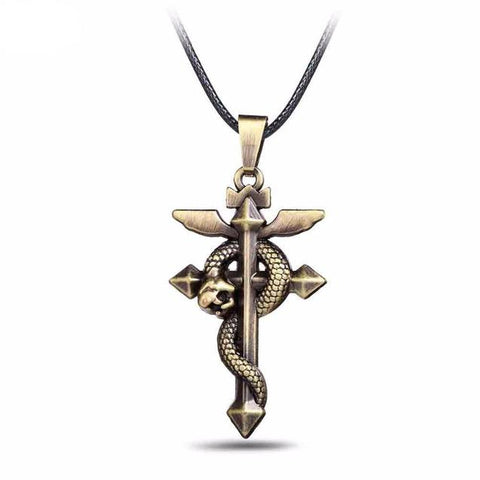 Winged Medieval Cross Serpent Bonze-Plated Necklace