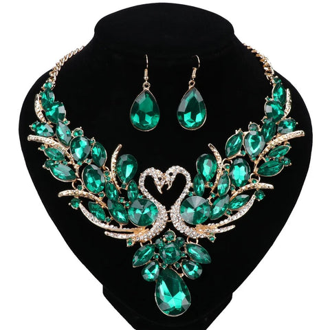 Simulated Green Emerald Swan Statement Jewelry Set