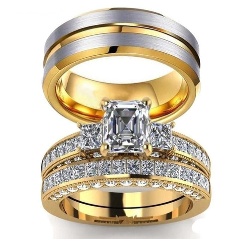 Gold & Silver Three Stone Zirconia Stainless Ring Set