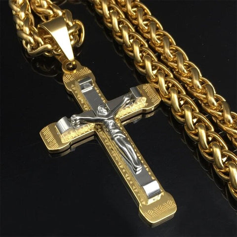 Gold/Silver Tone Stainless Steel Crucifix Pendant Necklace