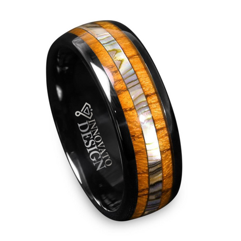 Brown Wood Mother of Pearl Black Tungsten Carbide Ring