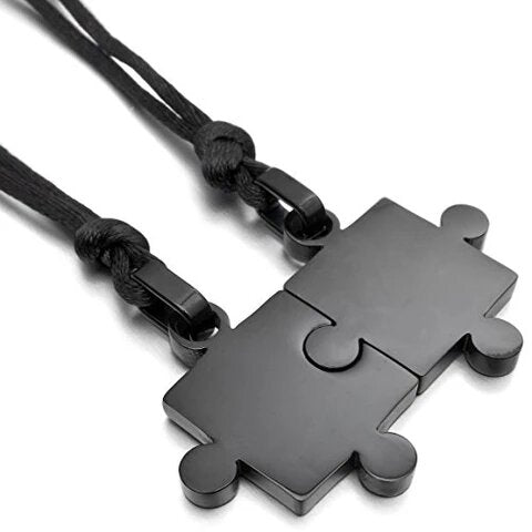 Stainless Steel Black Jigsaw Puzzle Couple Cord Necklace