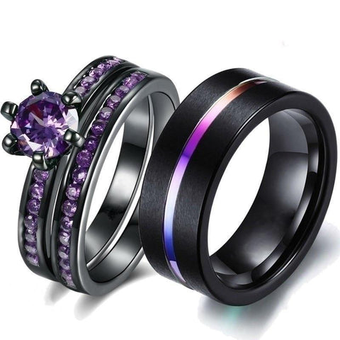 Purple Zirconia Rainbow Black Stainless Ring Set