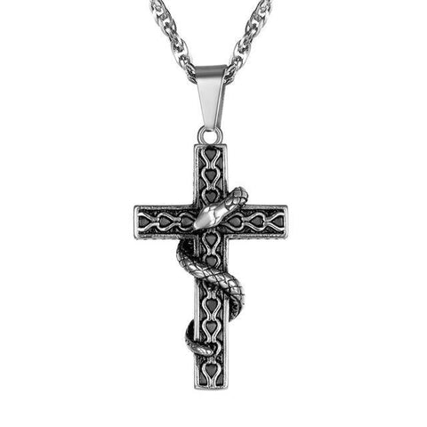 Snake Christian Cross Chain Engraved Steel Necklace 