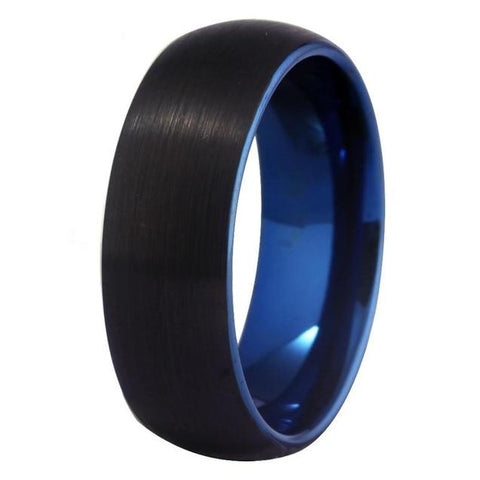 Brushed 8mm Dome Black & Blue Tungsten Carbide Ring 