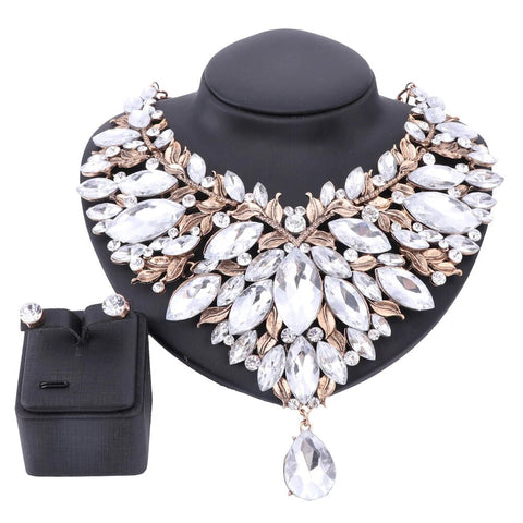 2PC Nature Inspired Crystal Golden Leaf Fashion Jewelry Set