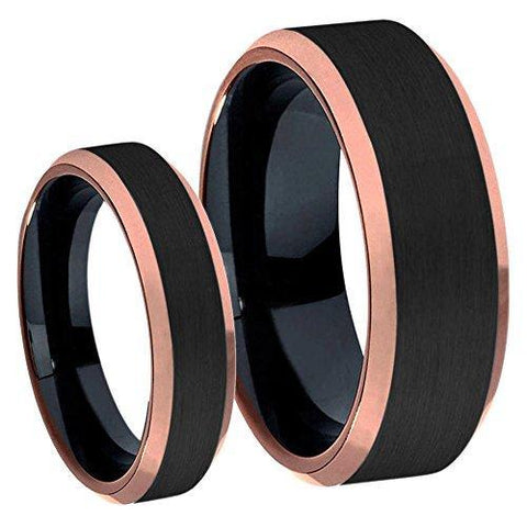 2PC Black & Rose Gold Matte Titanium Ring Set