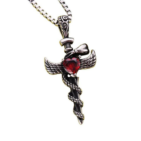 Winged Serpent Dragon Dagger Cross Steel Necklace