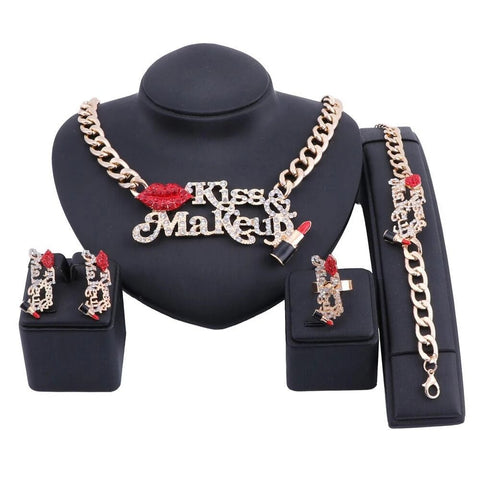 4PC Crystal Kiss Lips Fashion Jewelry Set 