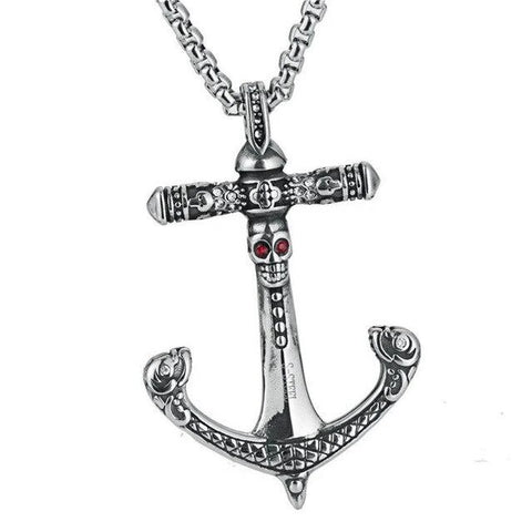 Stainless Steel Red Zirconia Tribal Anchor Necklace