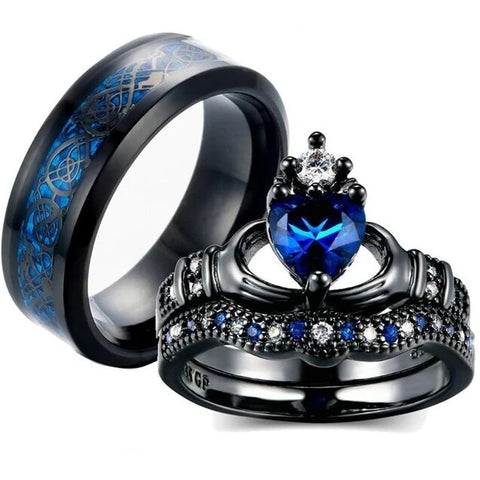Blue Black Celtic Dragon Claddagh Heart Crystal Stainless Ring Set