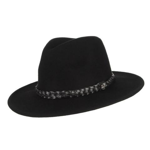 Black Faux Braided Leather Filigree Wool Hat