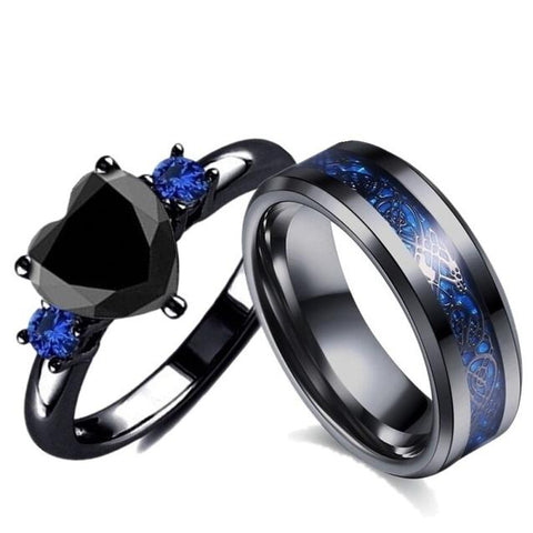 2PC Blue & Black Heart Dragon Knot Tungsten Ring Engagement Set