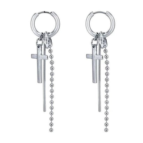 Silver Plated Christian Cross Bead Chain Huggie Earring