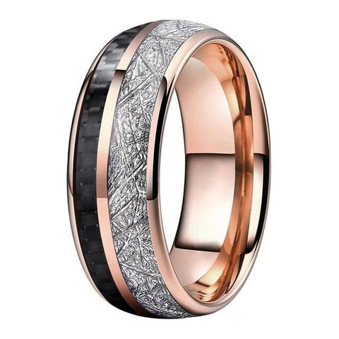 Black Carbon Fiber Silver Meteorite Rose Gold Tungsten Carbide Ring 