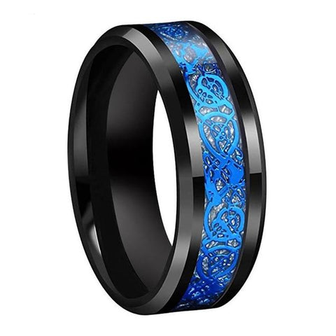 Blue &  Silver Celtic Dragon Black Tungsten Ring
