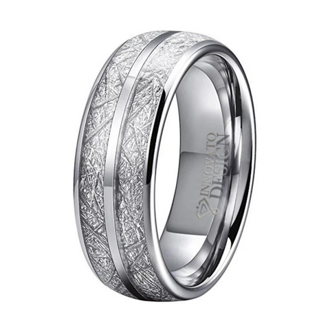 Double Channel Meteorite Inlay Silver Tone Tungsten Carbide Ring
