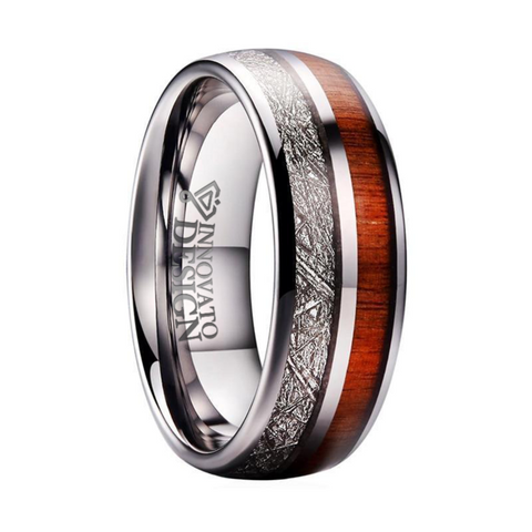 Dual-Channel Wood & Silver Meteorite Tungsten Carbide Ring