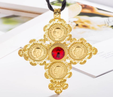 Gold-Tone Ancient Coin Cross Stainless Steel Fashion Necklace 