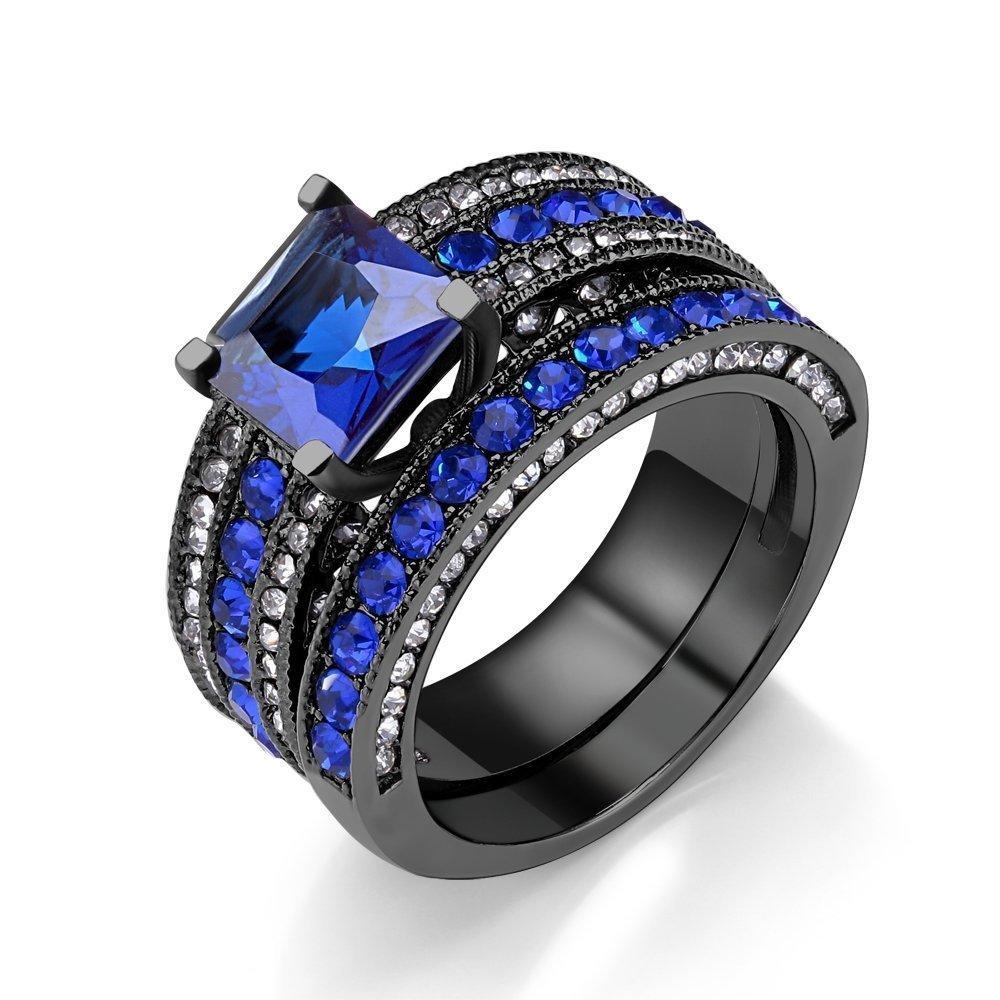 Black Stainless Steel 2Pcs Princess Cut Simulated Sapphire