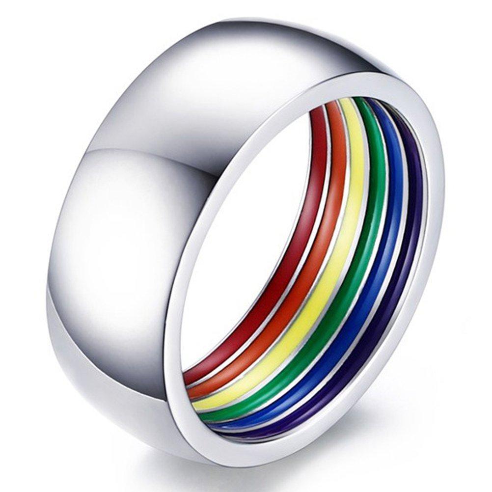 8mm Silver Stainless Steel Rainbow Enamel Gay Lesbian Wedding Engageme Innovato Design 8163